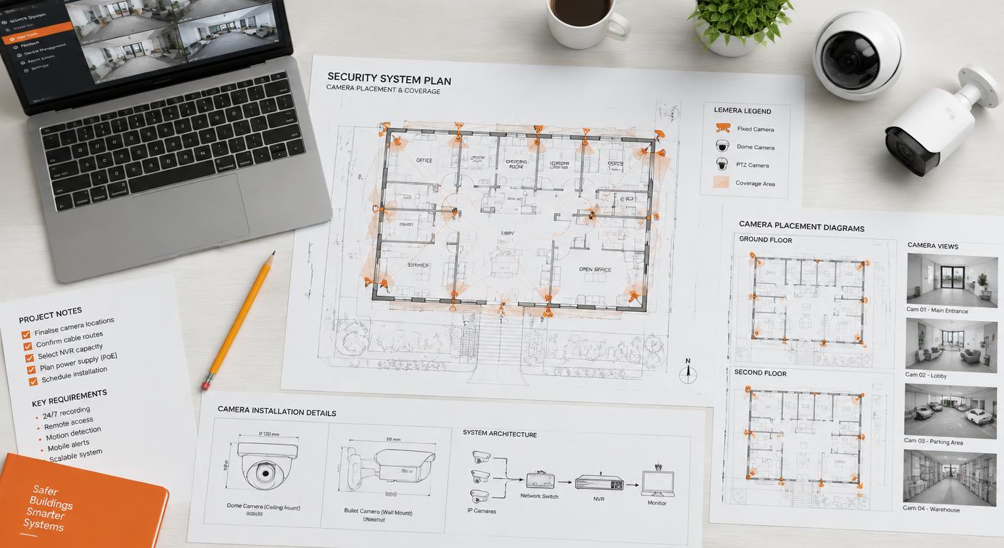 Projeto de segurança com planta de posicionamento de câmeras